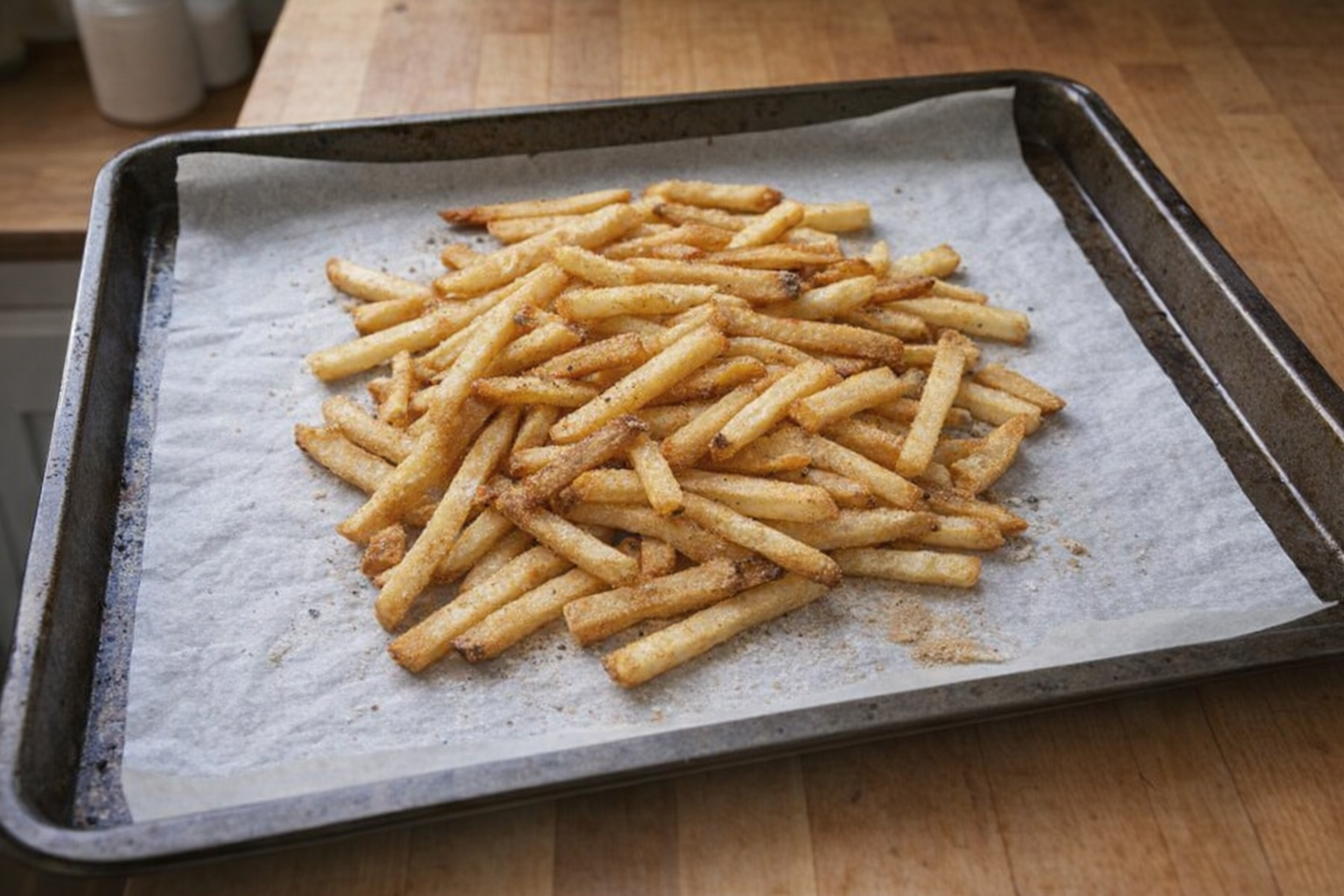 A pile of leftover french fries on a baking sheet lined with parchment paper, ready to be reheated. Overhead shot, neutral lighting